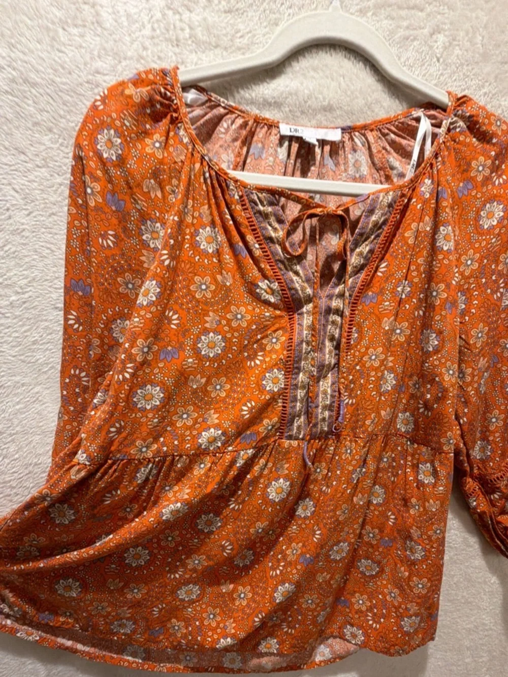 Festival Ready! DR2 boho peasant blouse floral tie front flowy rayon top M - Picture 11 of 12